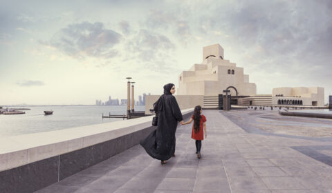 A family visiting a museum in Qatar